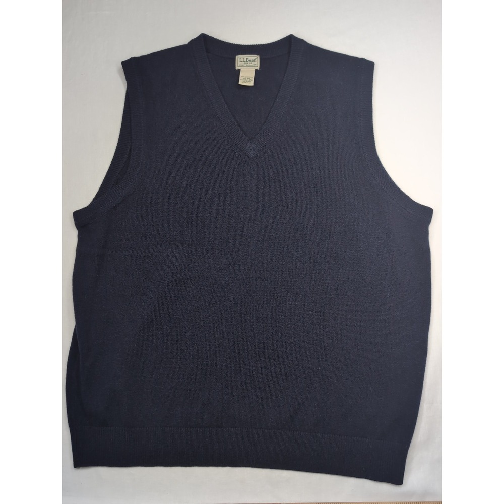 LL Bean Mens XXL Sweater Vest Navy Blue 100% Lambswool V-Neck Reg Vintage 264791